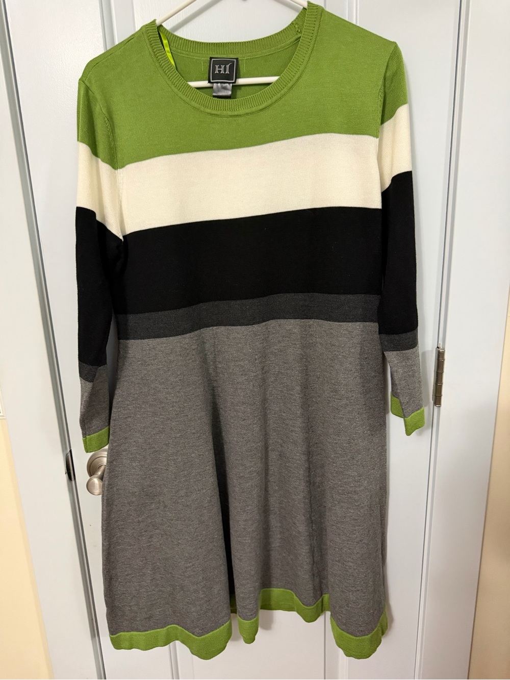 Dkny Green White Black & Gray Striped Long-Sleeve A-Line Knit Dress